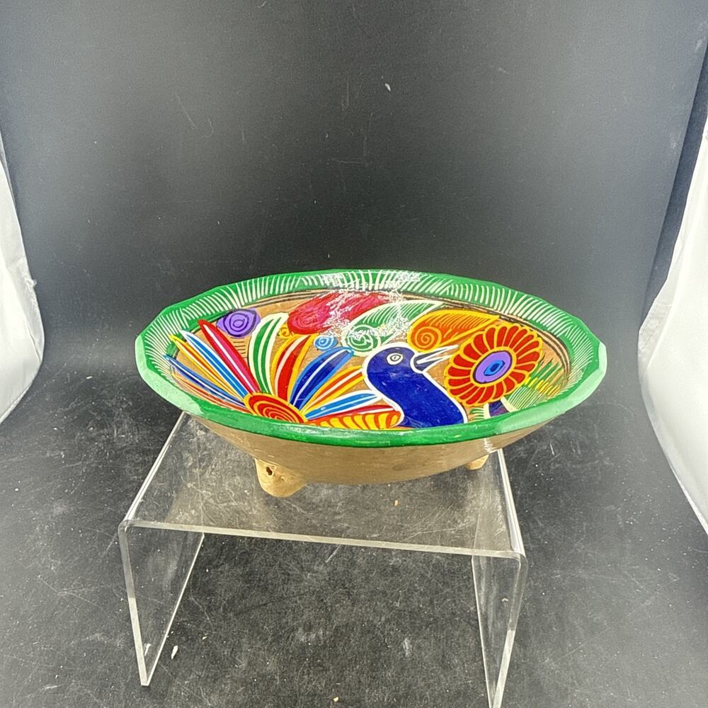Vintage Mexican Folk Art Hand Painted Clay Bowl Tripod Footed Bird Flowers 5.75